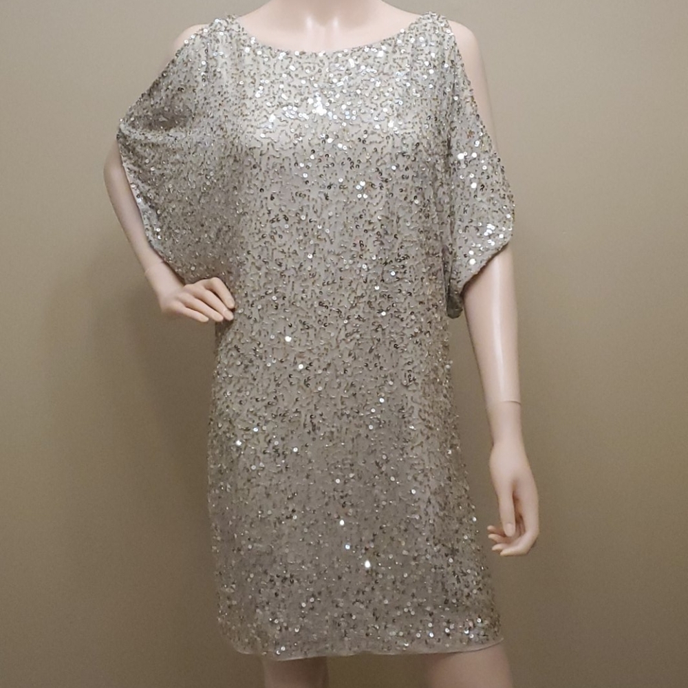 Cache Silk cold shoulder sequin dress